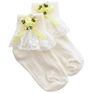Girls Ivory Lace Socks with Lemon Rosebud Cluster